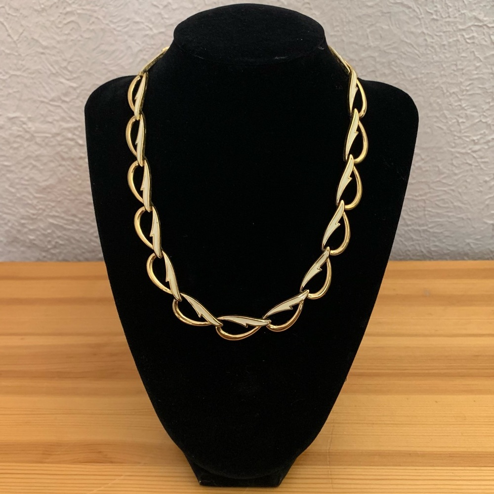 Vintage Monet Gold tone and White Enamel Necklace